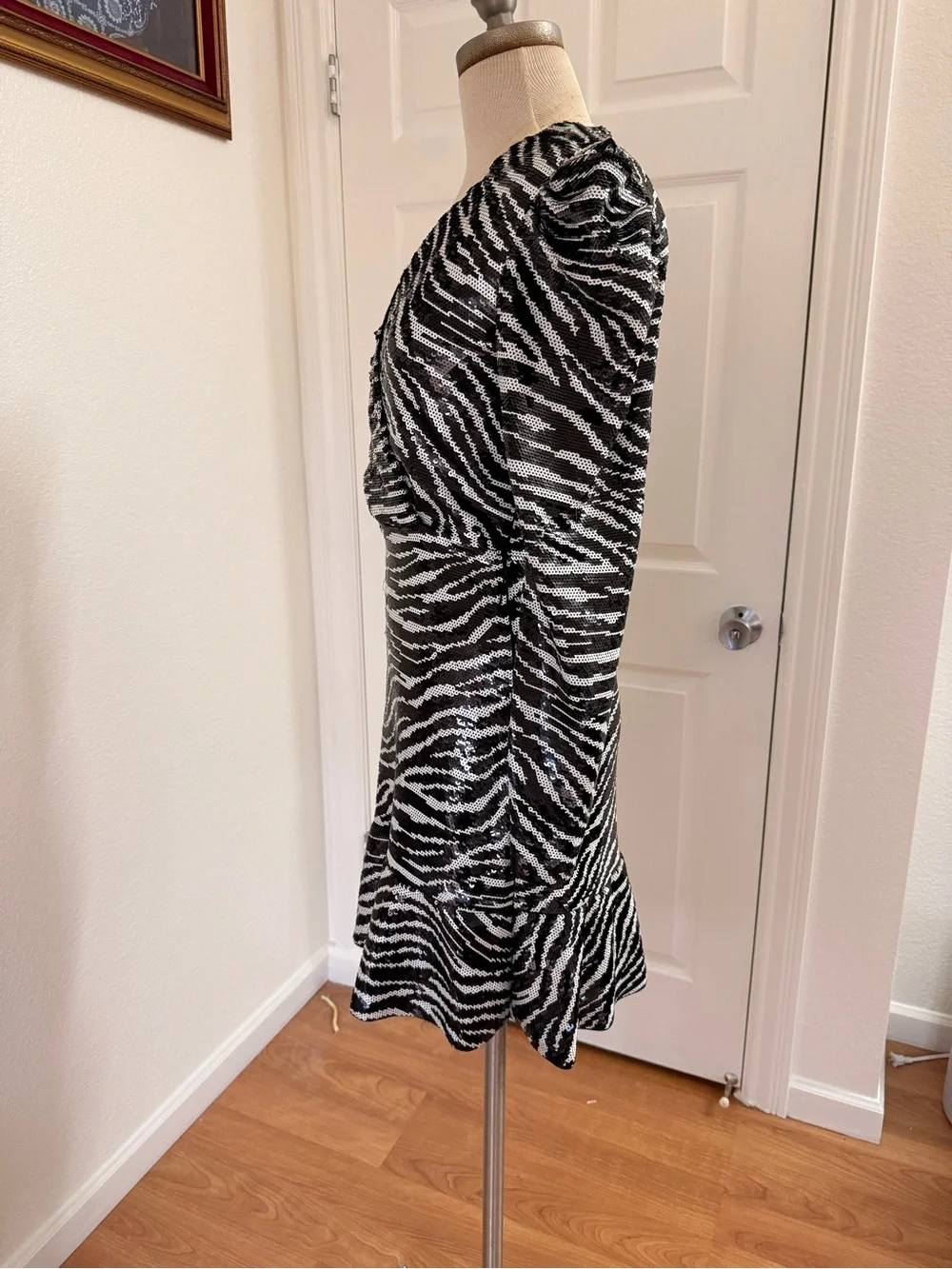 Michael Kors Black and White Zebra Wrap-Style Long Sleeve Dress